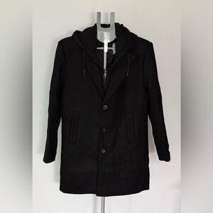 Mens Classic Black Wool Blend Pea Coat with Removable Hoodie Small New with Tags